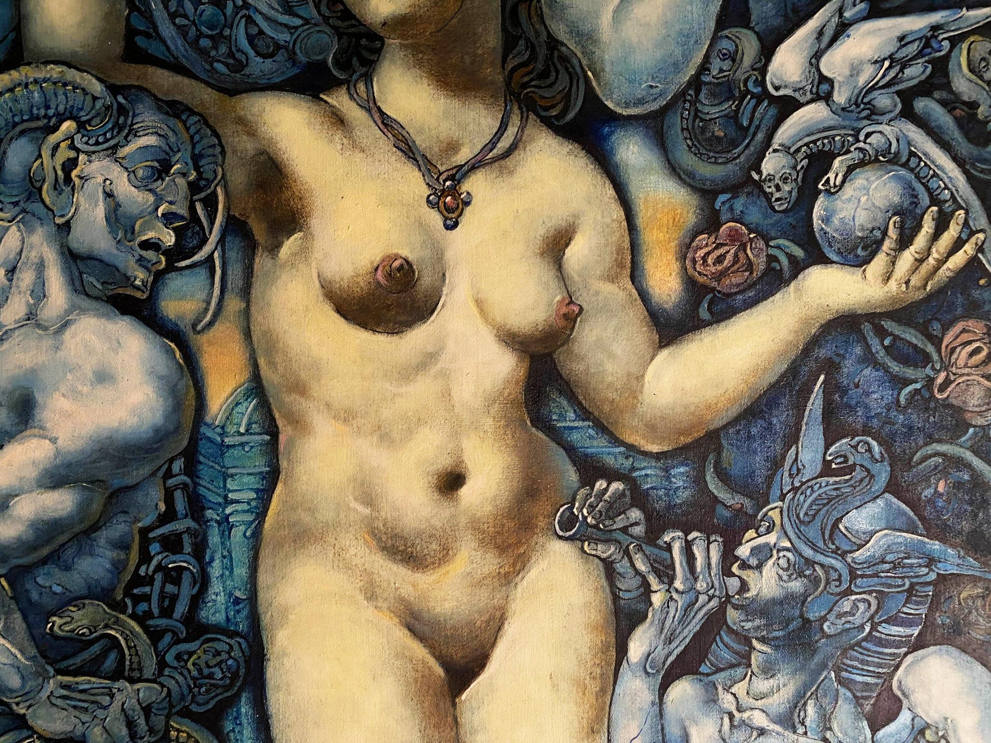 Nude female figure with musculature in oil painting by Oleg Litvinov