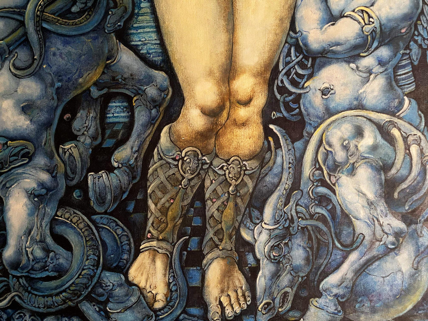 Golden muscular legs in bronze armored guards, Oleg Litvinov oil painting