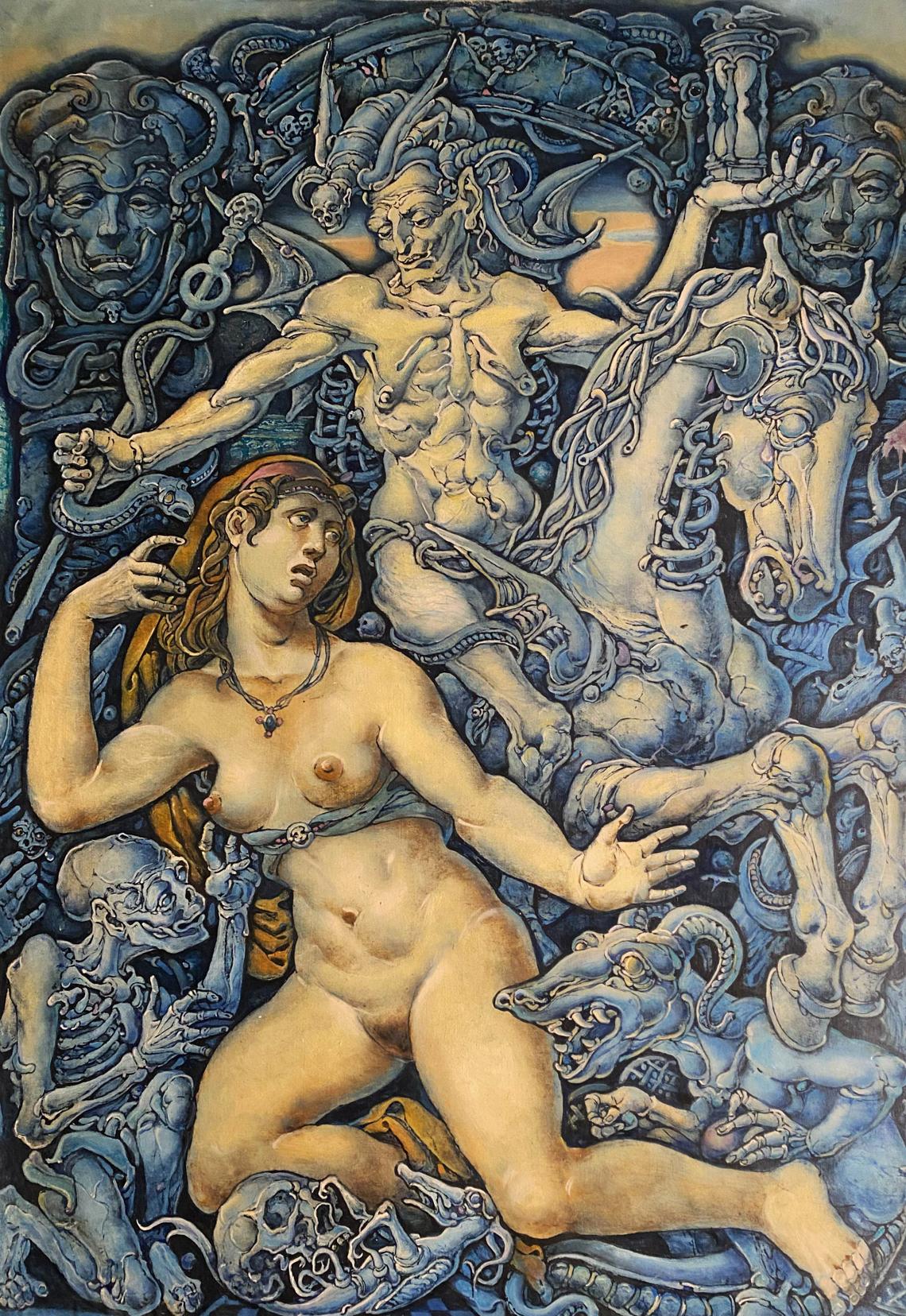Surreal oil painting of nude woman with apocalyptic horsemen by Oleg Litvinov