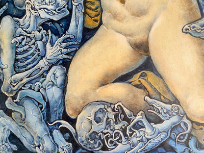 Nude figure amid blue white skeletons in Oleg Litvinov apocalypse oil painting