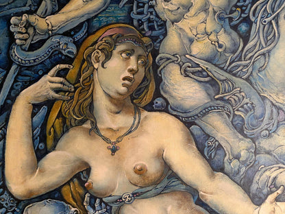 Nude blonde woman in Oleg Litvins horsemen apocalypse oil painting