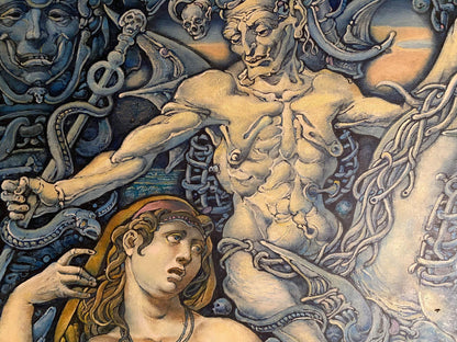 Muscular pale male with tattoos in Oil painting Dreams about horsemen of the apocalypse by Oleg Litvinov