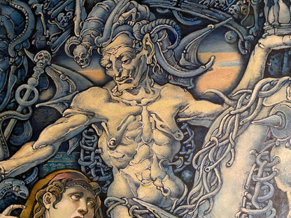 Dark stylized oil painting of horned apocalyptic horseman by Oleg Litvinov