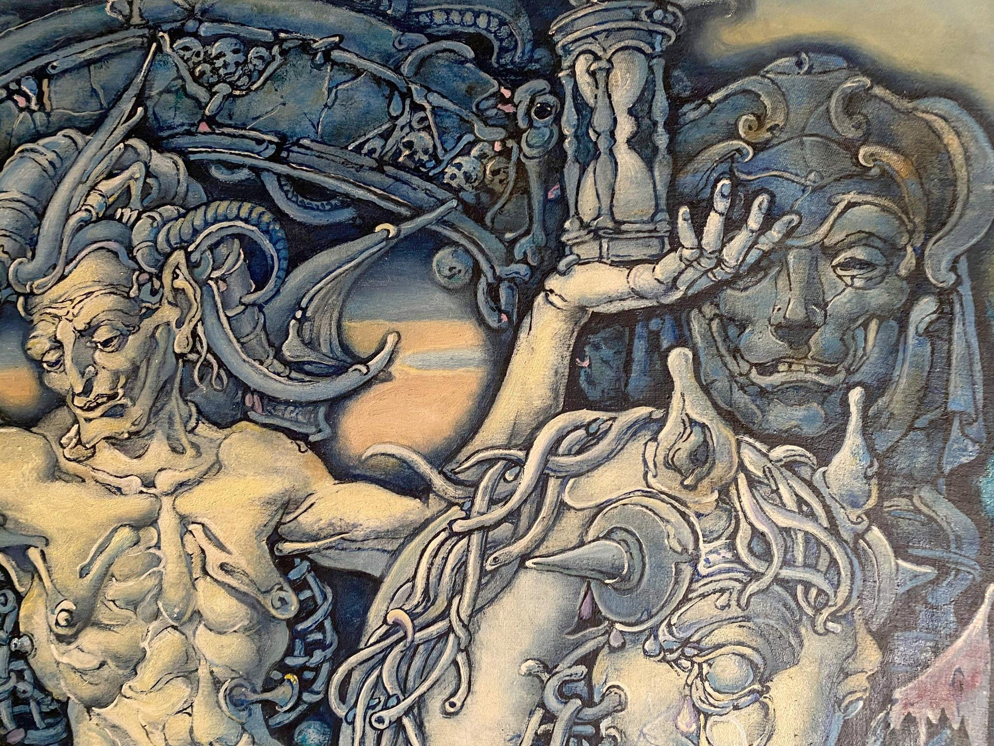 Dark oil painting of apocalyptic horsemen with horned mythological figures by Oleg Litvinov