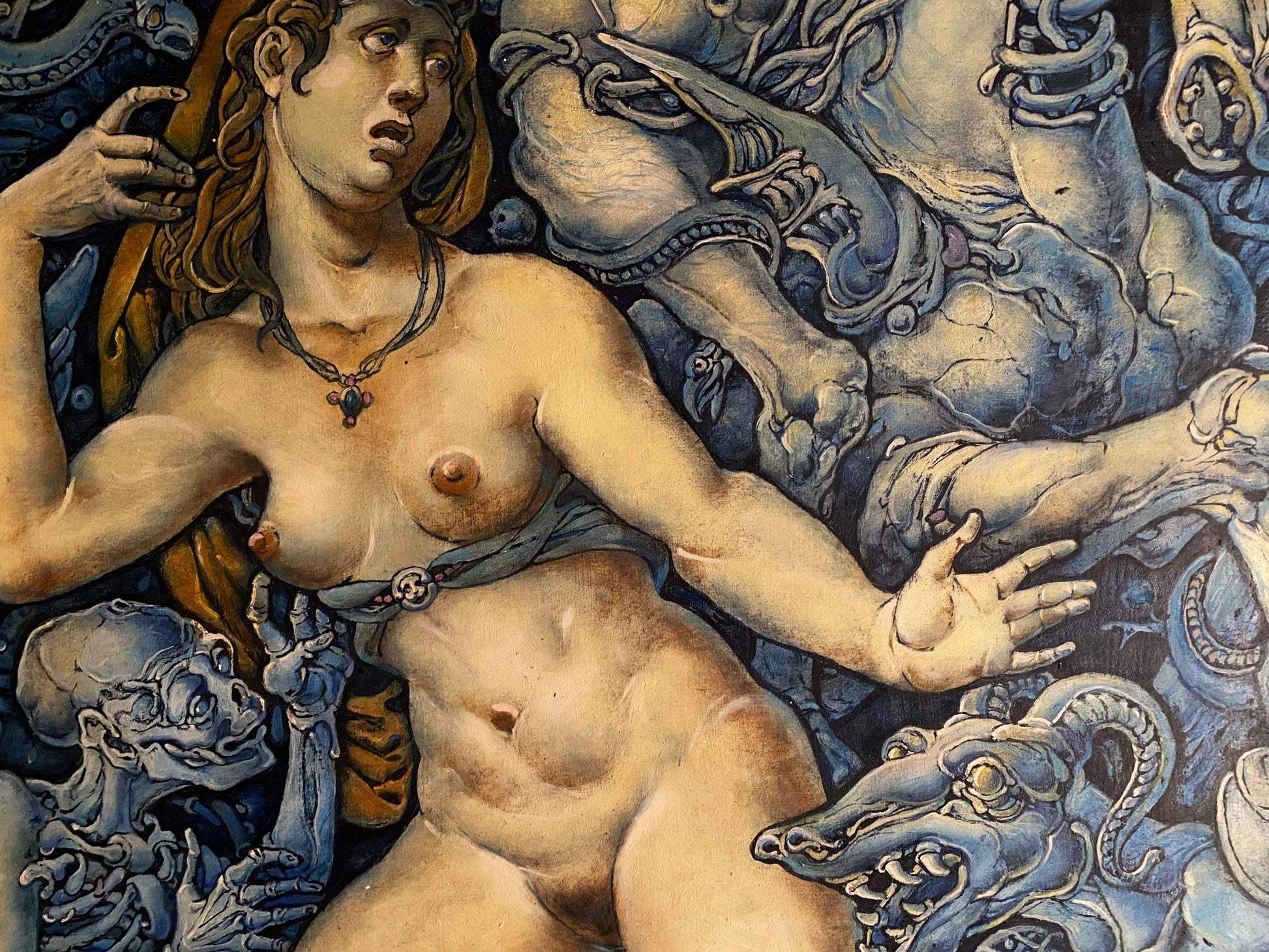 Classical nude female in Oleg Litvins horsemen apocalypse oil painting