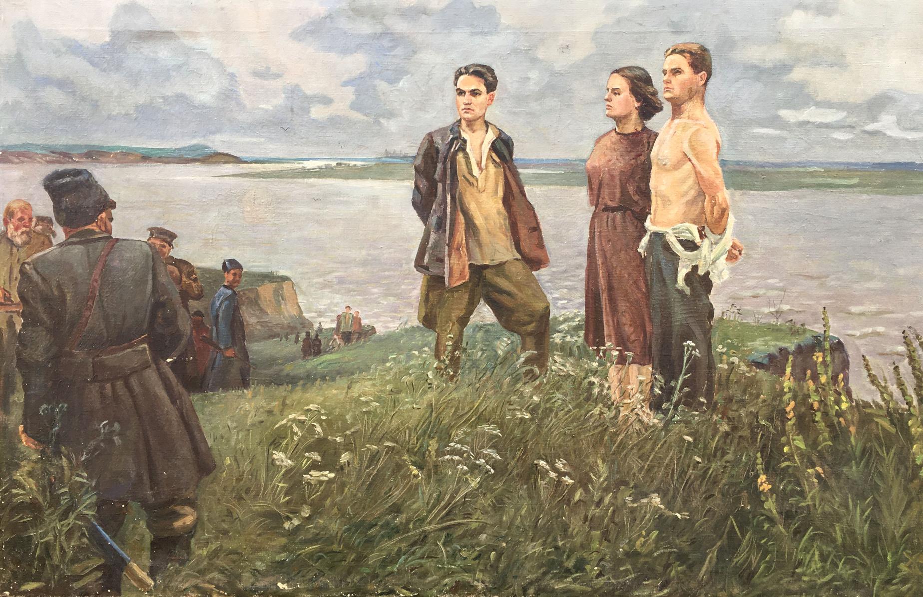 Social realism oil painting Partisans Beseda by Petr Nikolayevich on grassy cliff