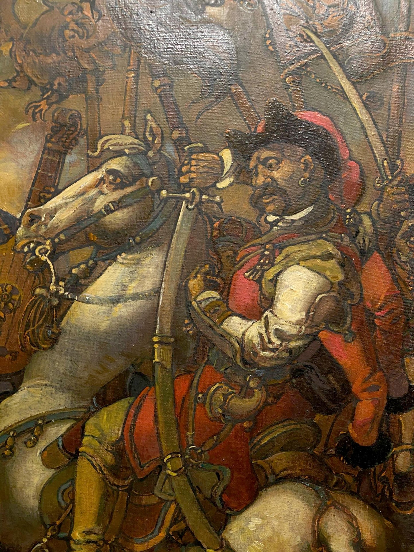 Oil painting by Bogdan Litvinov Oleg Arkadyevich of mounted warrior in ornate red gold armor with sword