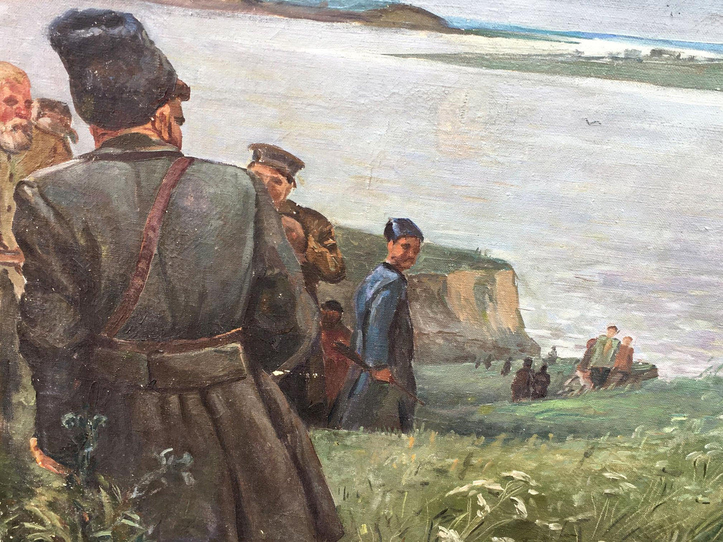 Social realism oil painting by Petr Nikolayevich Beseda: partisans on cliffside overlooking sea