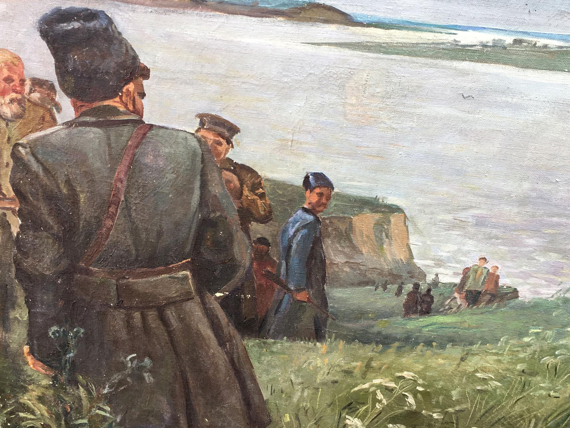 Social realism oil painting by Petr Nikolayevich Beseda: partisans on cliffside overlooking sea