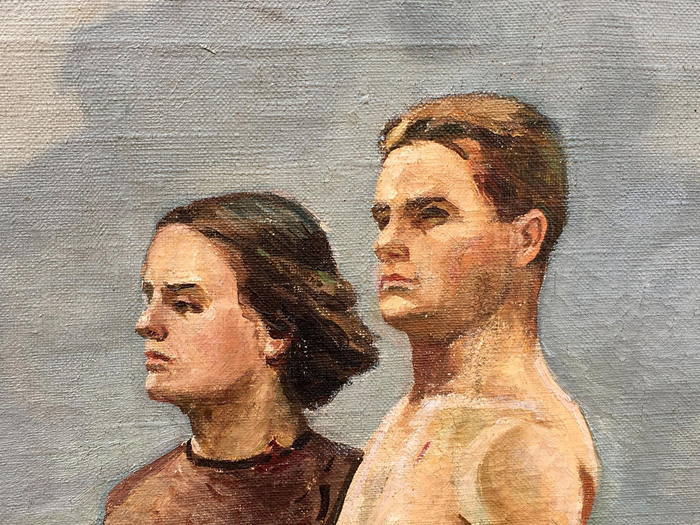 Social realism oil painting Partisans Beseda by Petr Nikolayevich, textured canvas with two profile figures in muted earth tones