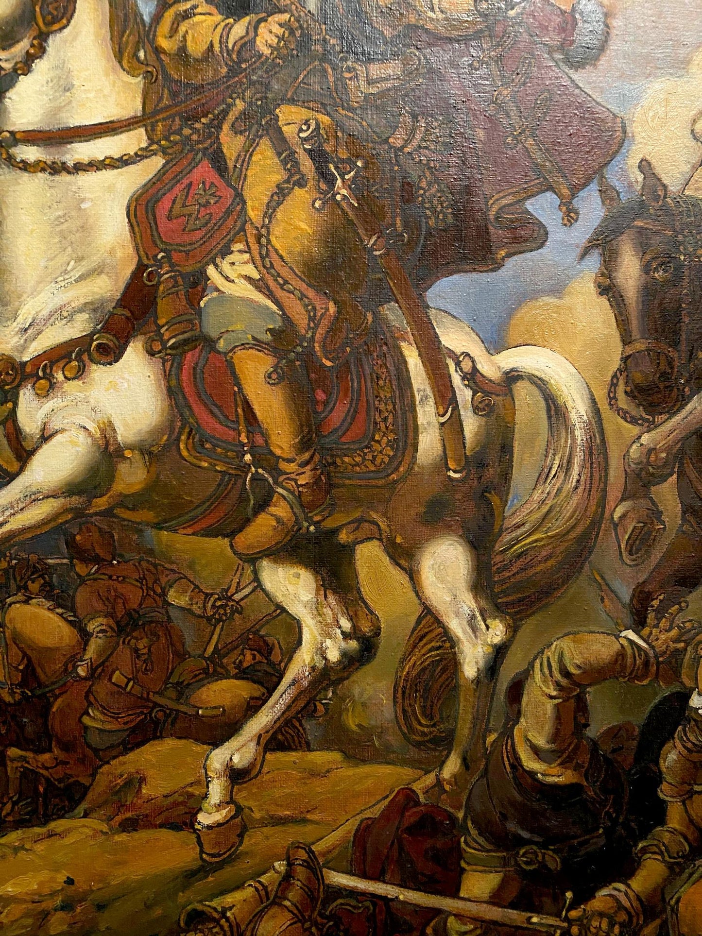 Oil painting by Bogdan Litvinov Oleg Arkadyevich: white horse with ornate red gold saddle in dynamic battle scene