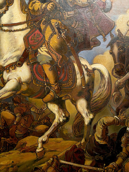 Oil painting by Bogdan Litvinov Oleg Arkadyevich: white horse with ornate red gold saddle in dynamic battle scene