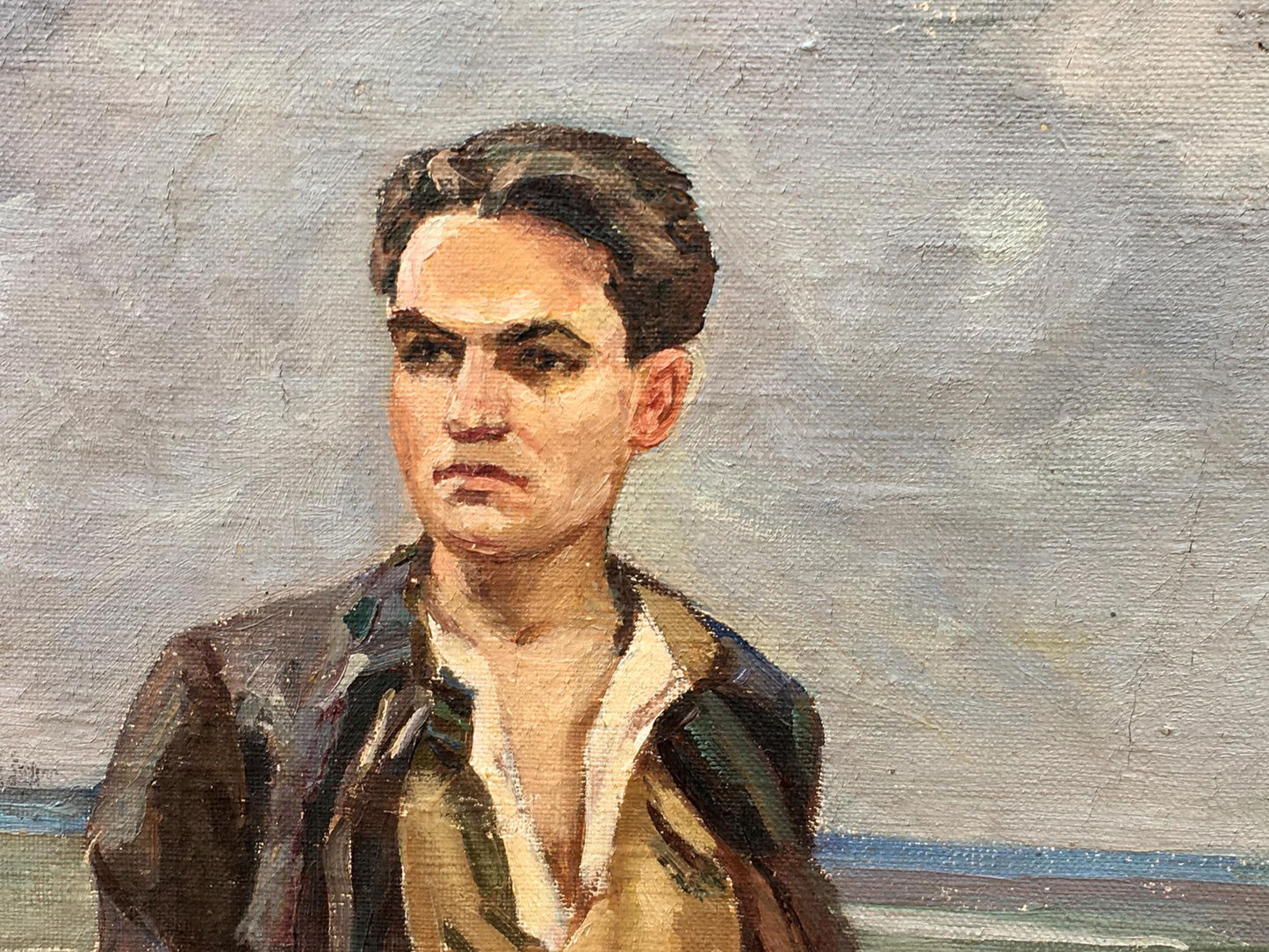 Social realism oil painting of young man with dark hair by Petr Nikolayevich