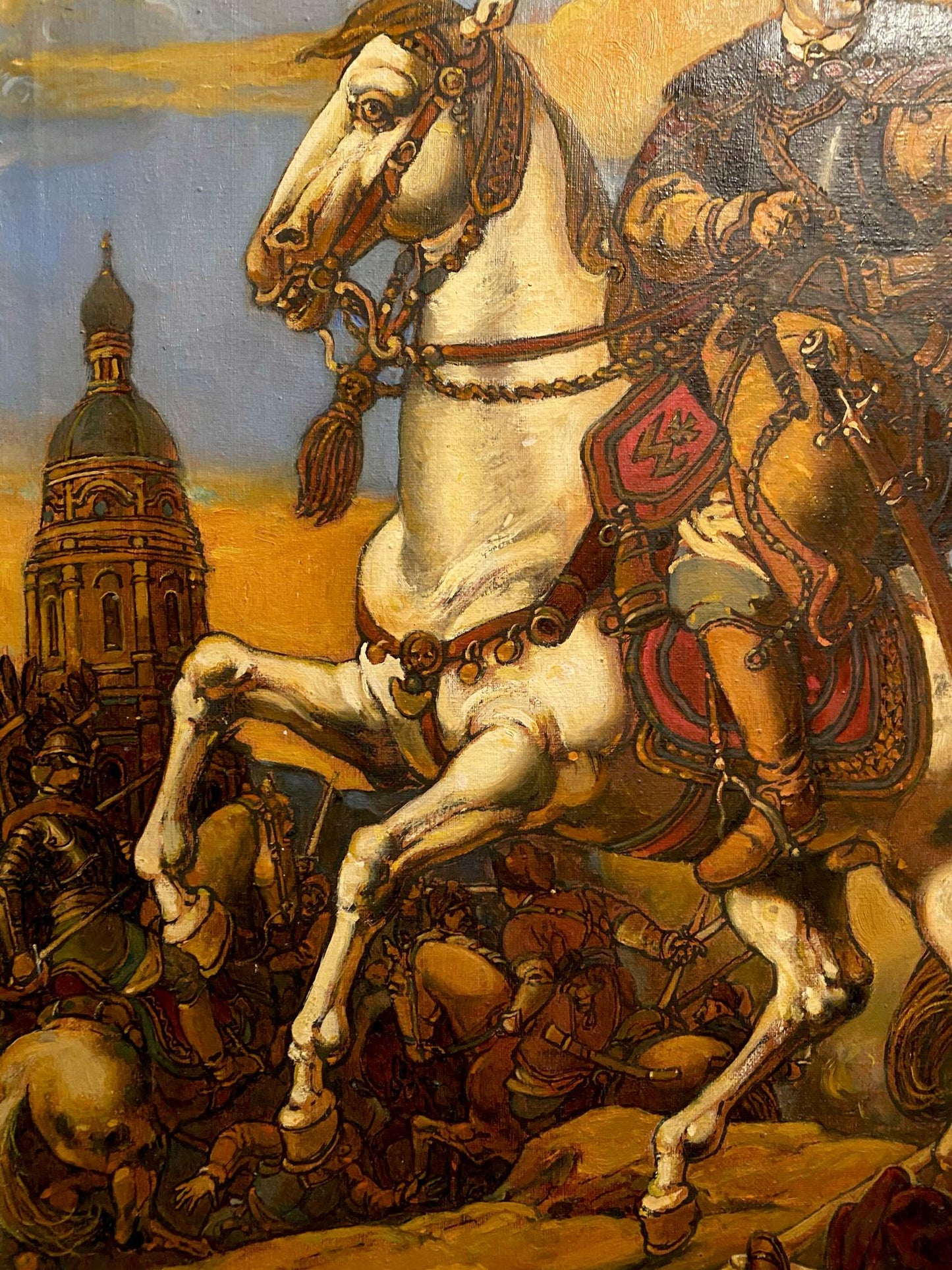 Oil painting by Bogdan Litvinov Oleg Arkadyevich: knight on white horse with ornate tack