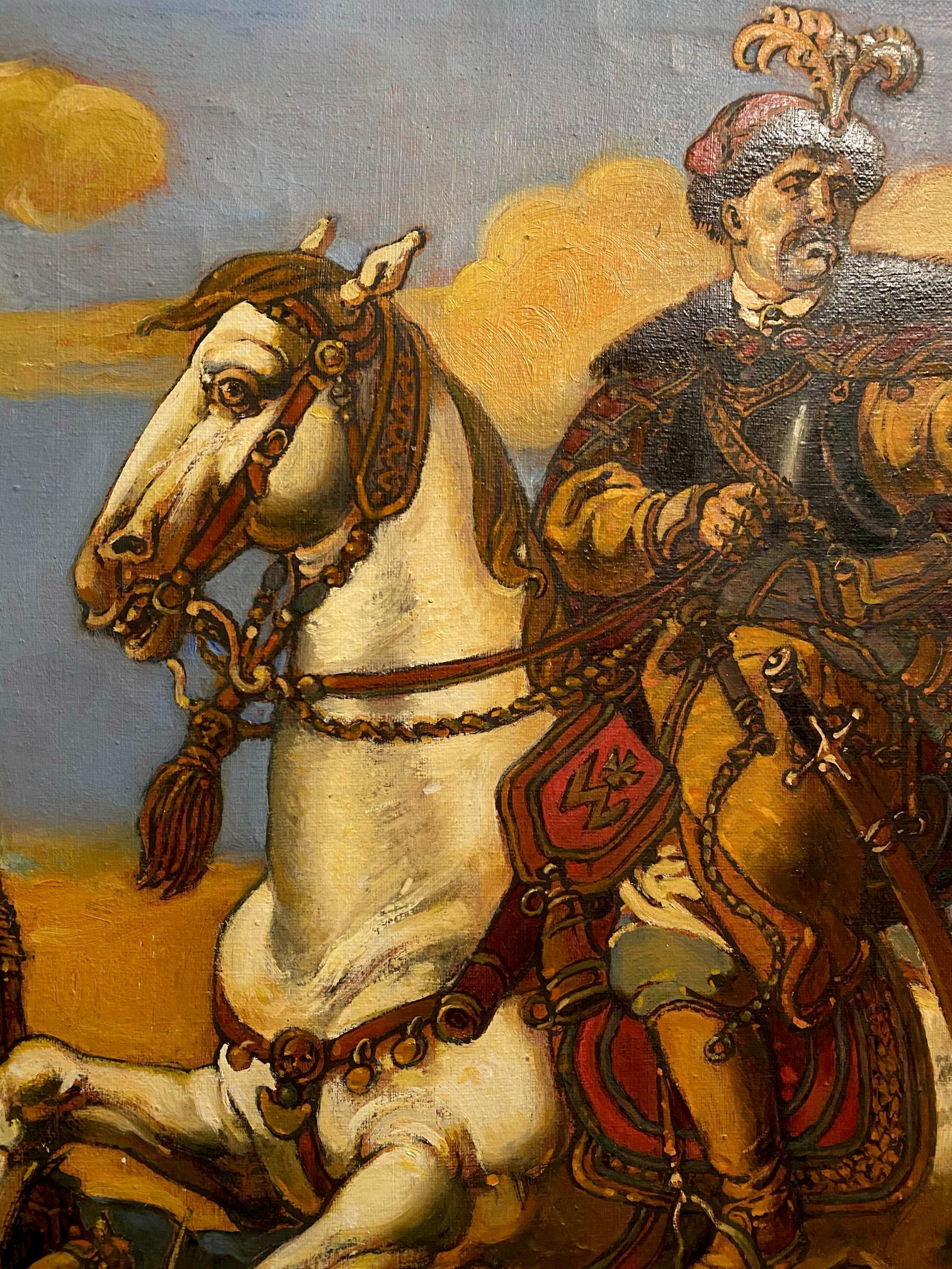 Oil painting by Bogdan Litvinov Oleg Arkadyevich of white horse with ornate tack and armored rider