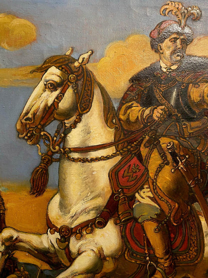 Oil painting by Bogdan Litvinov Oleg Arkadyevich of white horse with ornate tack and armored rider