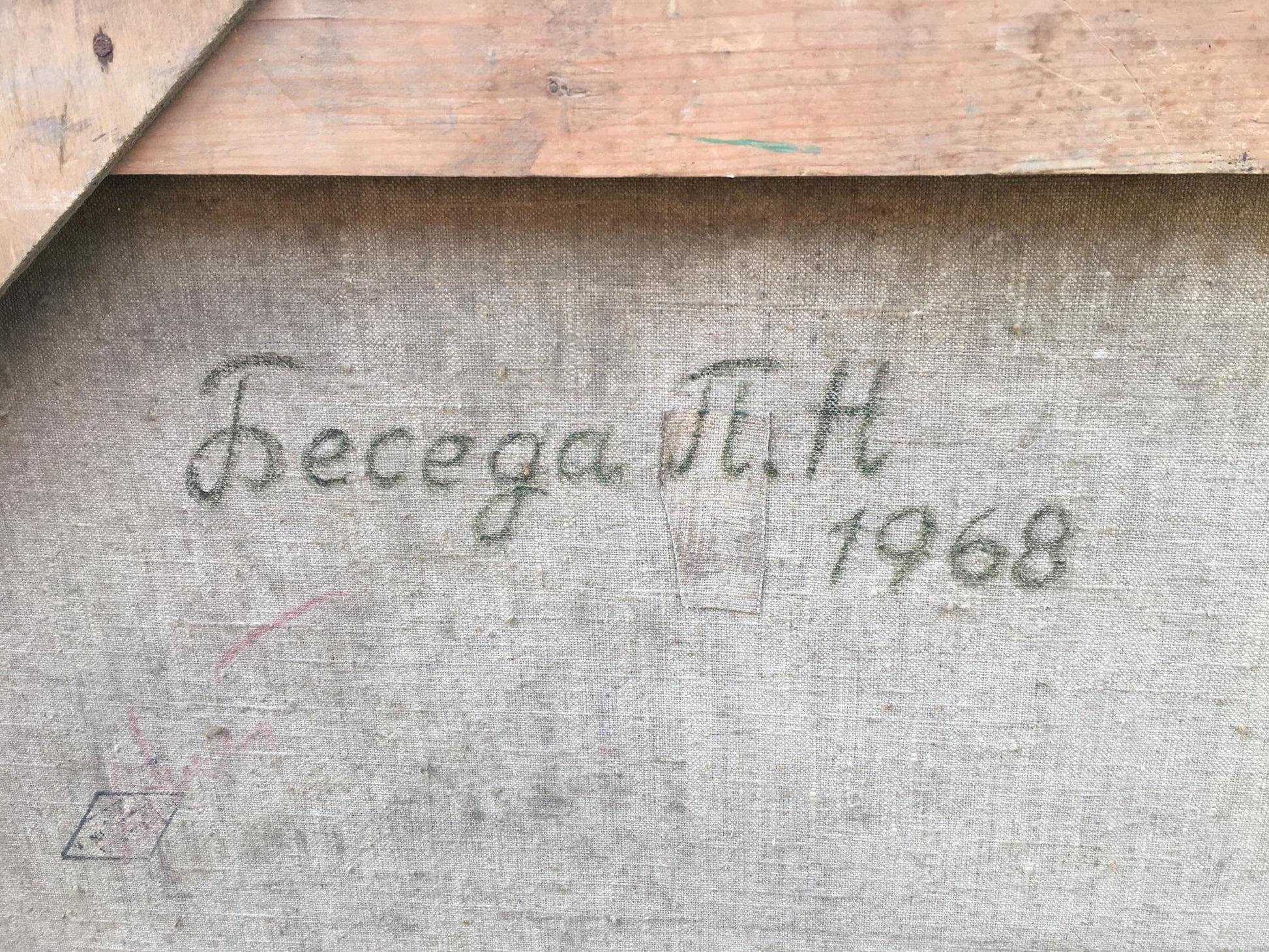 Back of 1968 Beseda partisans social realism canvas painting with Cyrillic script