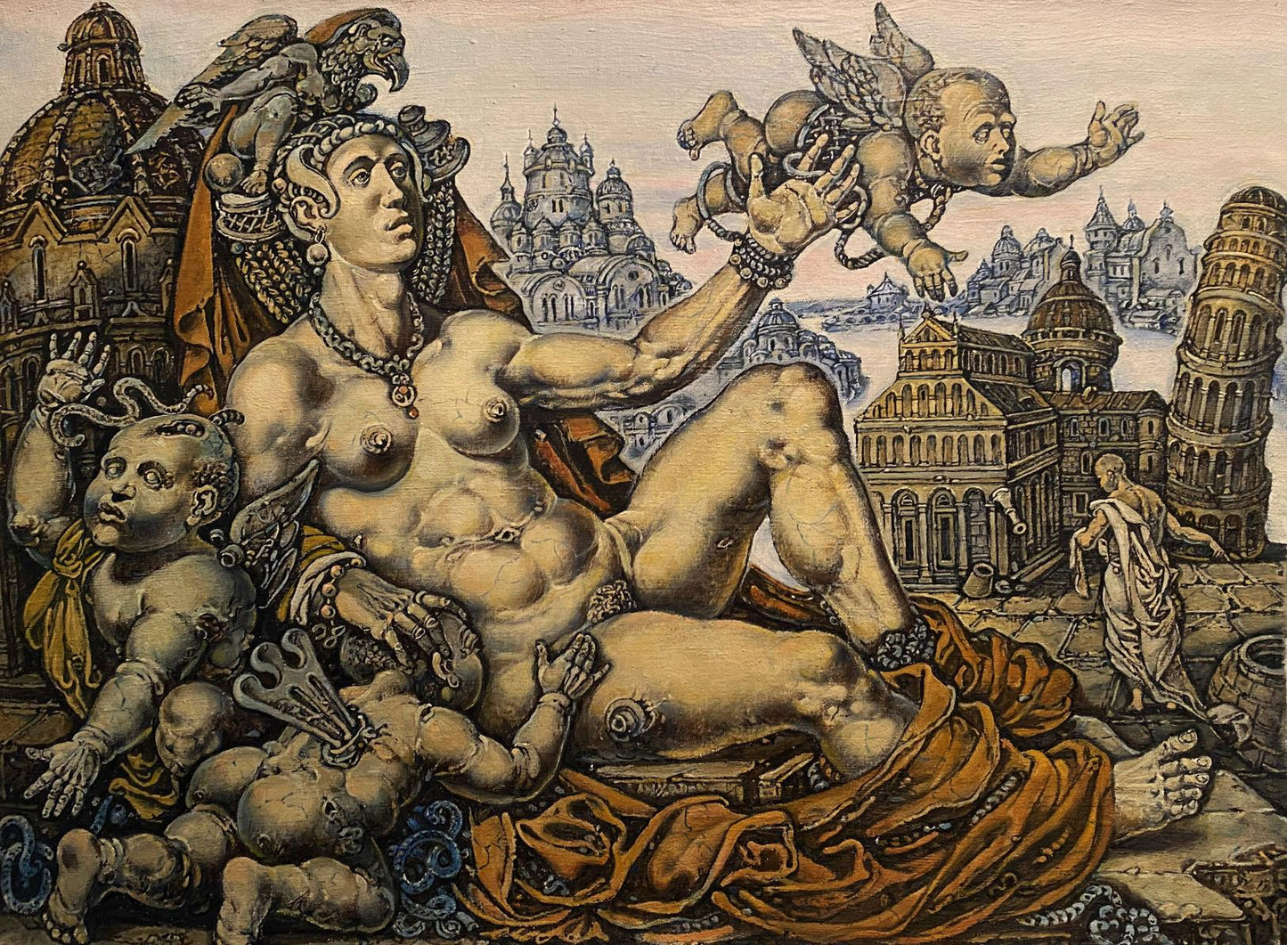 Sepia-toned print of Litvinovs muscular nude Venus reclining with cherubs