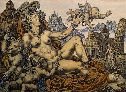 Sepia-toned print of Litvinovs muscular nude Venus reclining with cherubs