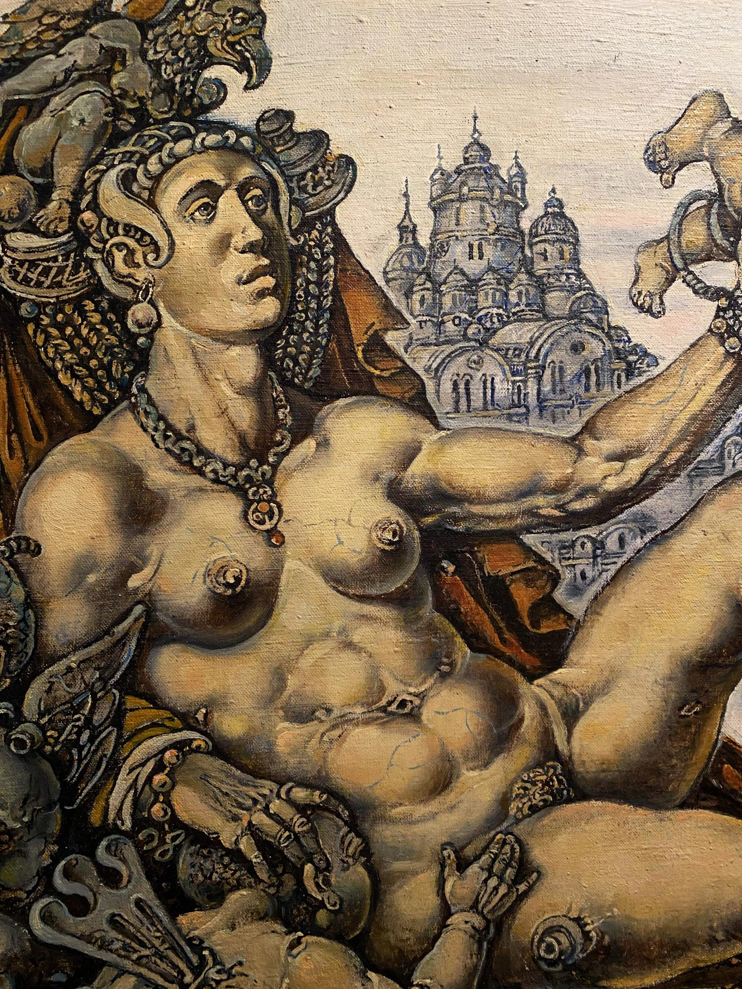 Oil painting of muscular nude male with ornate headgear by Litvinov Oleg Arkad’yevich