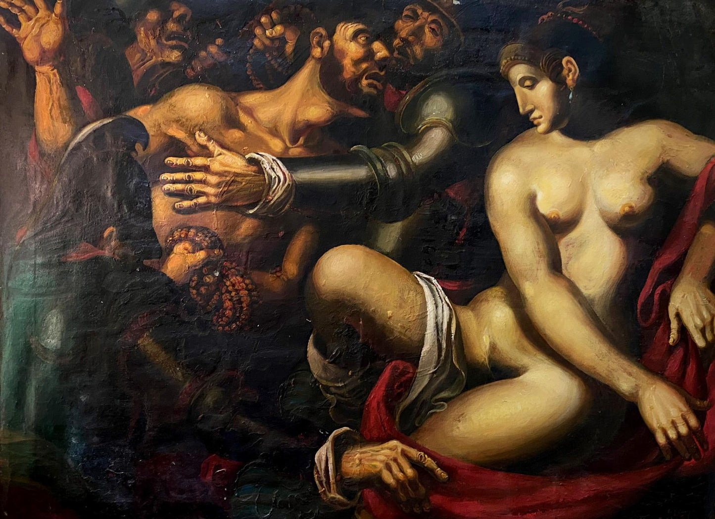 Oil painting of Samson and Delilah by Oleg Litvinov: nude woman in red drapery beside muscular bearded man with skeletal hands and ornate pipe