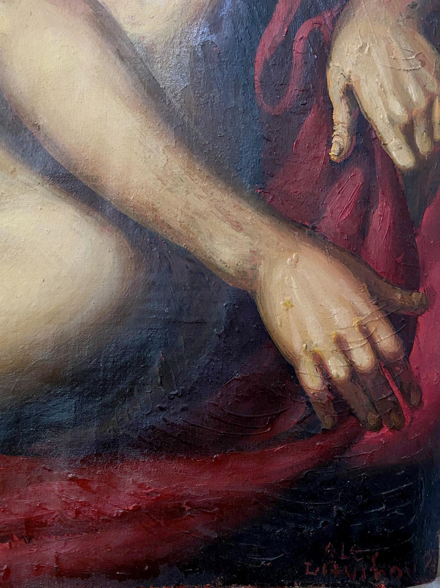 Oil painting Samson and Delilah by Oleg Litvinov, textured hands on red fabric