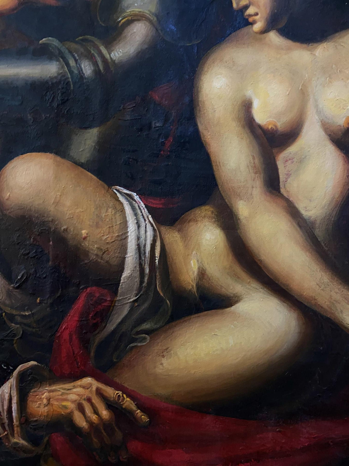 Oil painting Samson and Delilah by Oleg Litvinov: nude muscular female figure with draped fabric