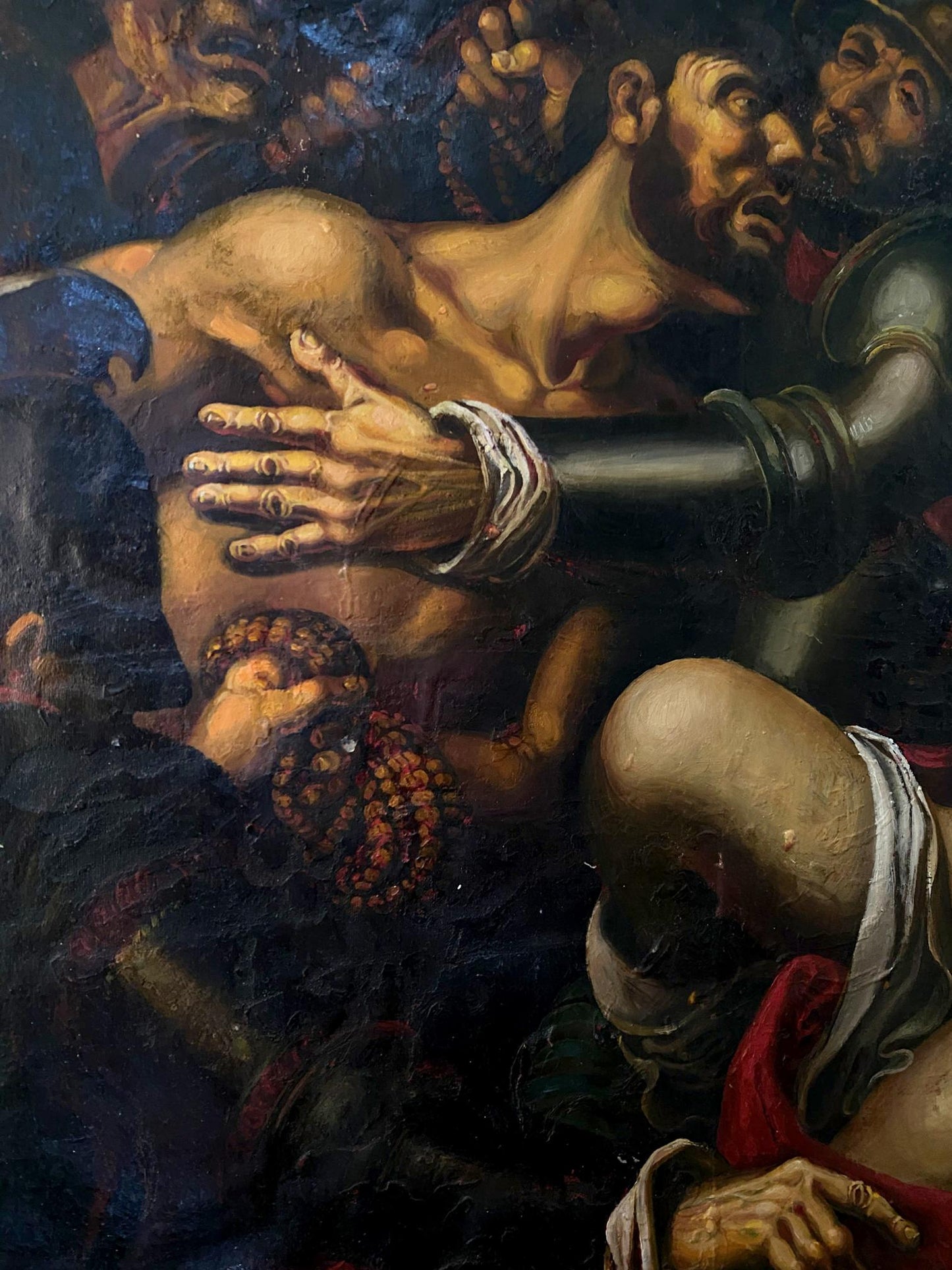 Dramatic oil painting of bound muscular Samson by Oleg Litvinov