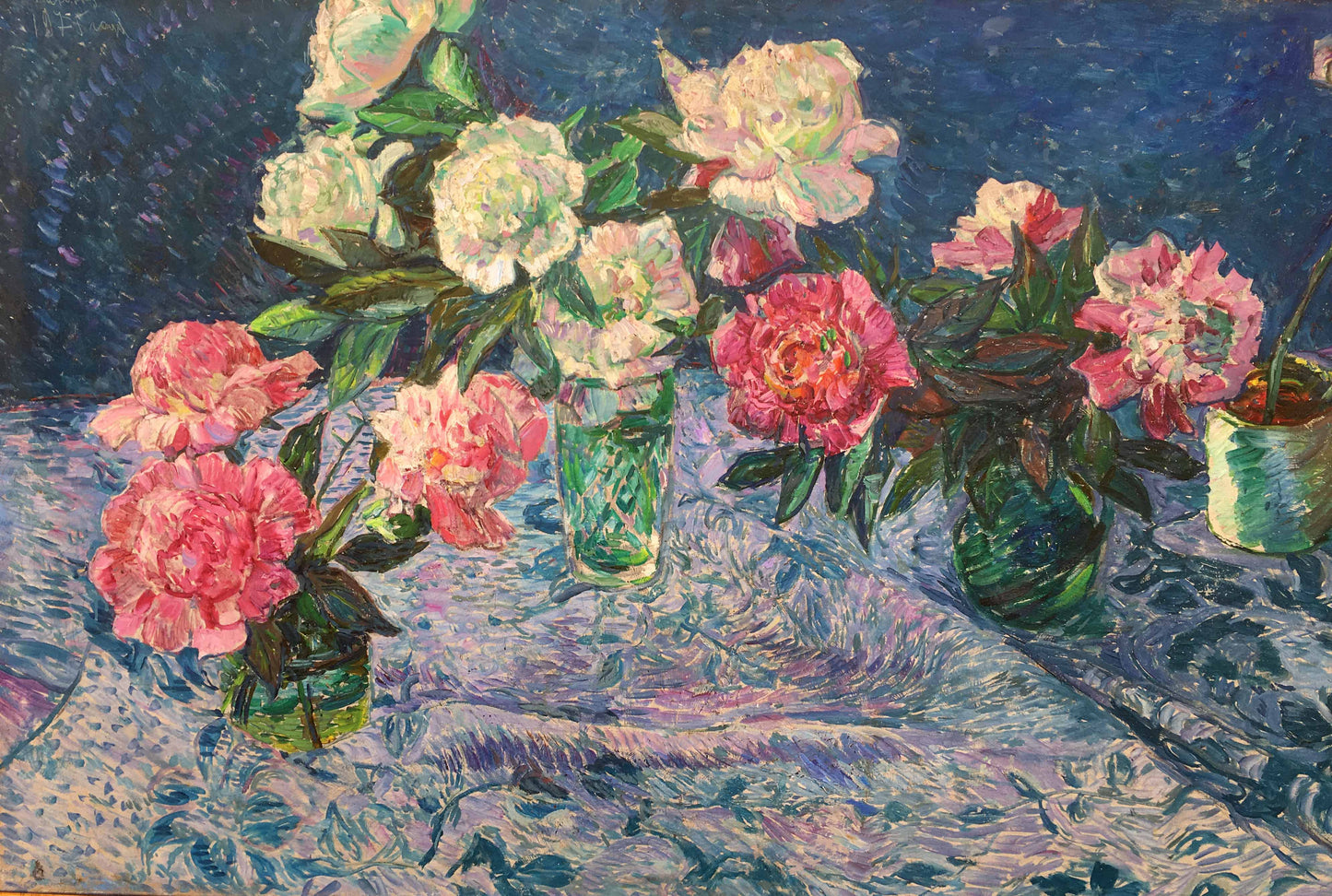 Vibrant pink and white peonies oil painting in green glass vases on patterned tablecloth