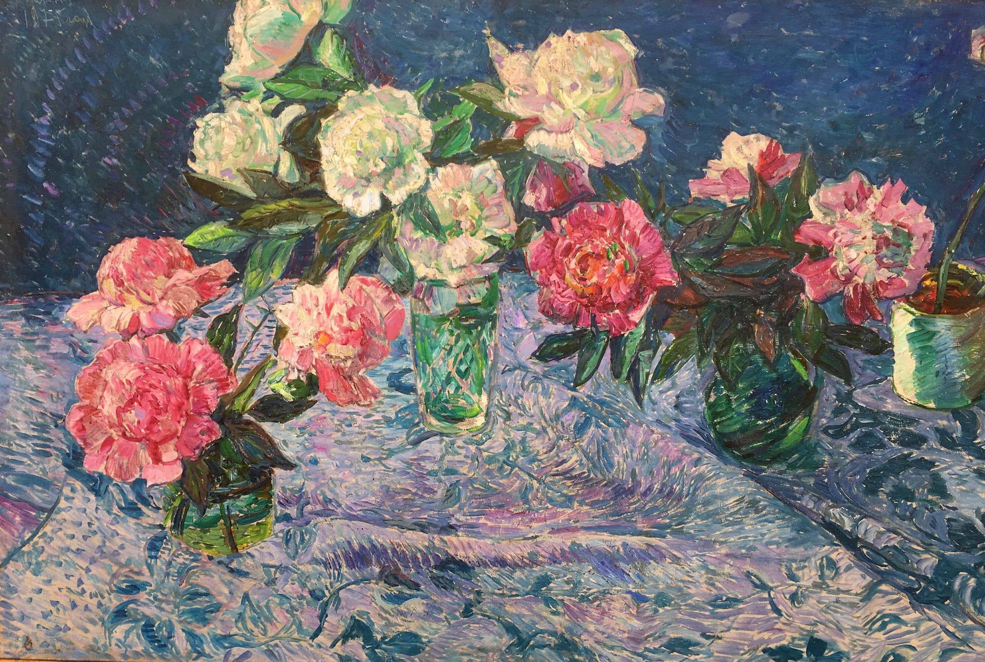 Vibrant pink and white peonies oil painting in green glass vases on patterned tablecloth