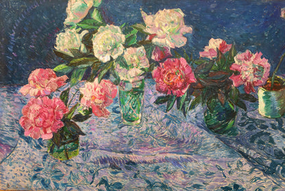 Vibrant pink and white peonies oil painting in green glass vases on patterned tablecloth