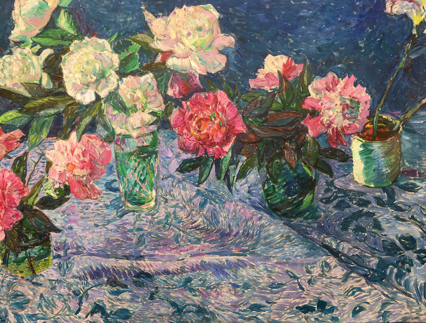 Vibrant pink and white peonies oil painting in textured green glass vases