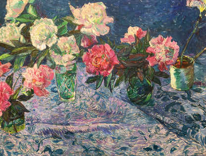 Vibrant pink and white peonies oil painting in textured green glass vases