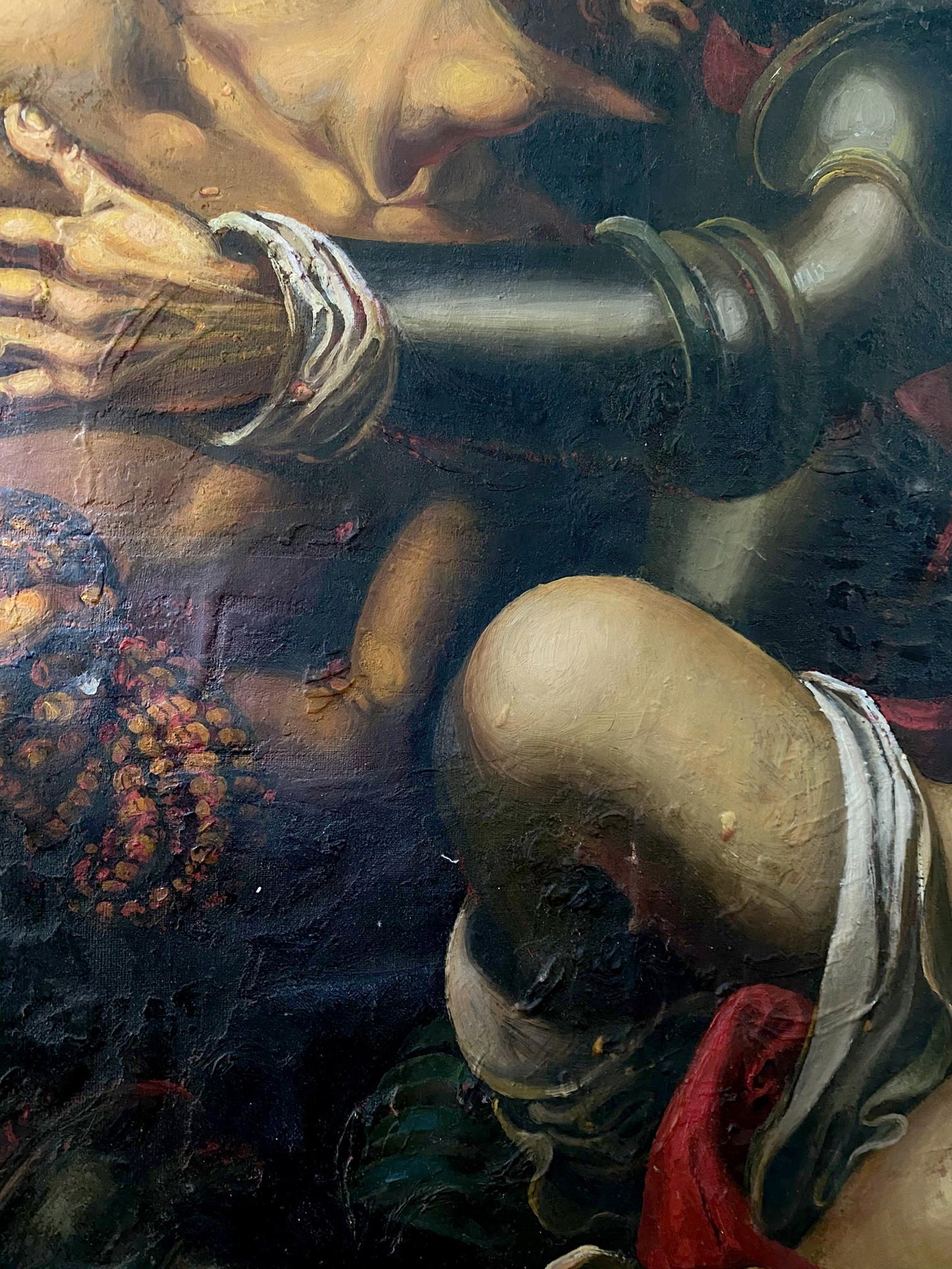 Dark metallic pipe with ornate ridges in Samson and Delilah oil painting by Oleg Litvinov