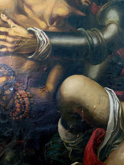 Dark metallic pipe with ornate ridges in Samson and Delilah oil painting by Oleg Litvinov