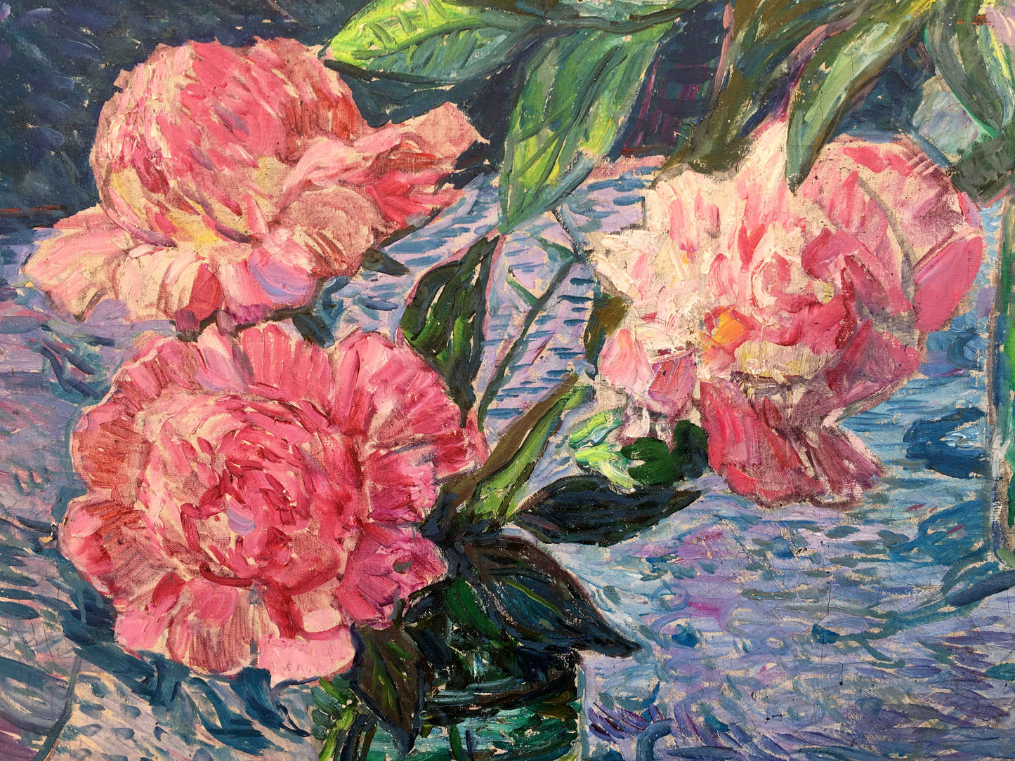 Pink peonies oil painting with lush layered petals and green leaves