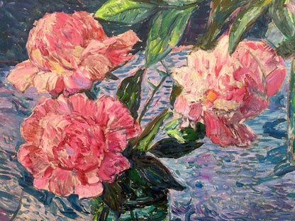 Pink peonies oil painting with lush layered petals and green leaves