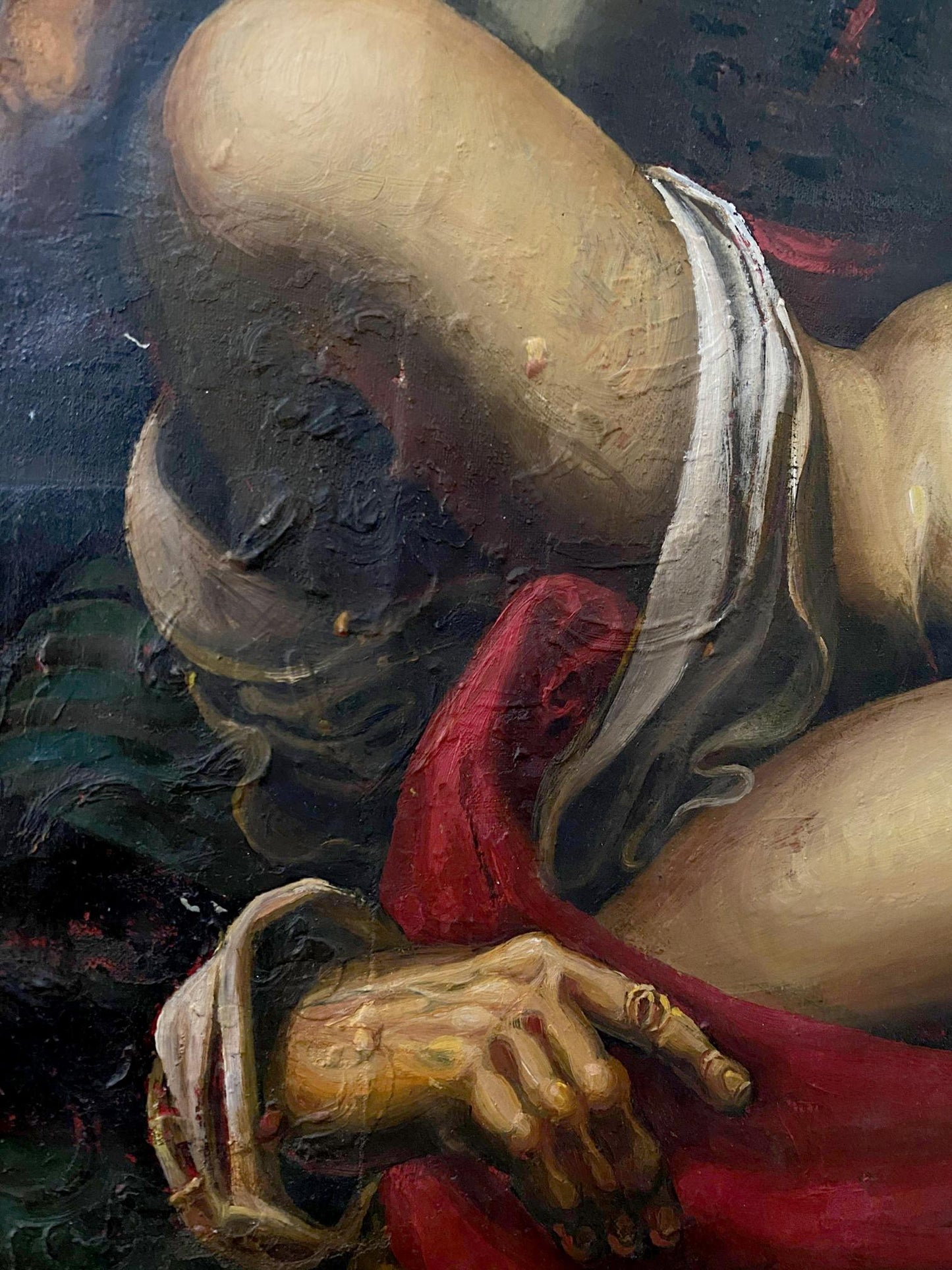 Oil painting of Samson and Delilah by Oleg Litvinov, muscular arm on red cloth