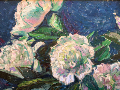 Vibrant Peonies oil painting of lush white pink peonies and green leaves on deep blue background