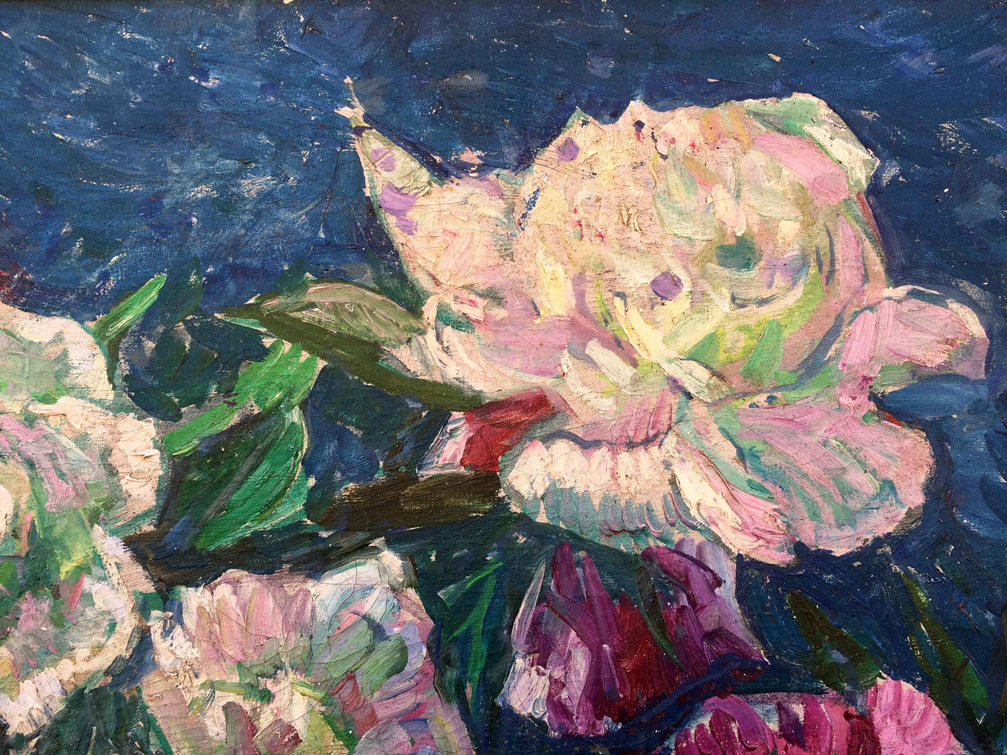 Vibrant impressionist Peonies oil painting with pink peonies on blue background