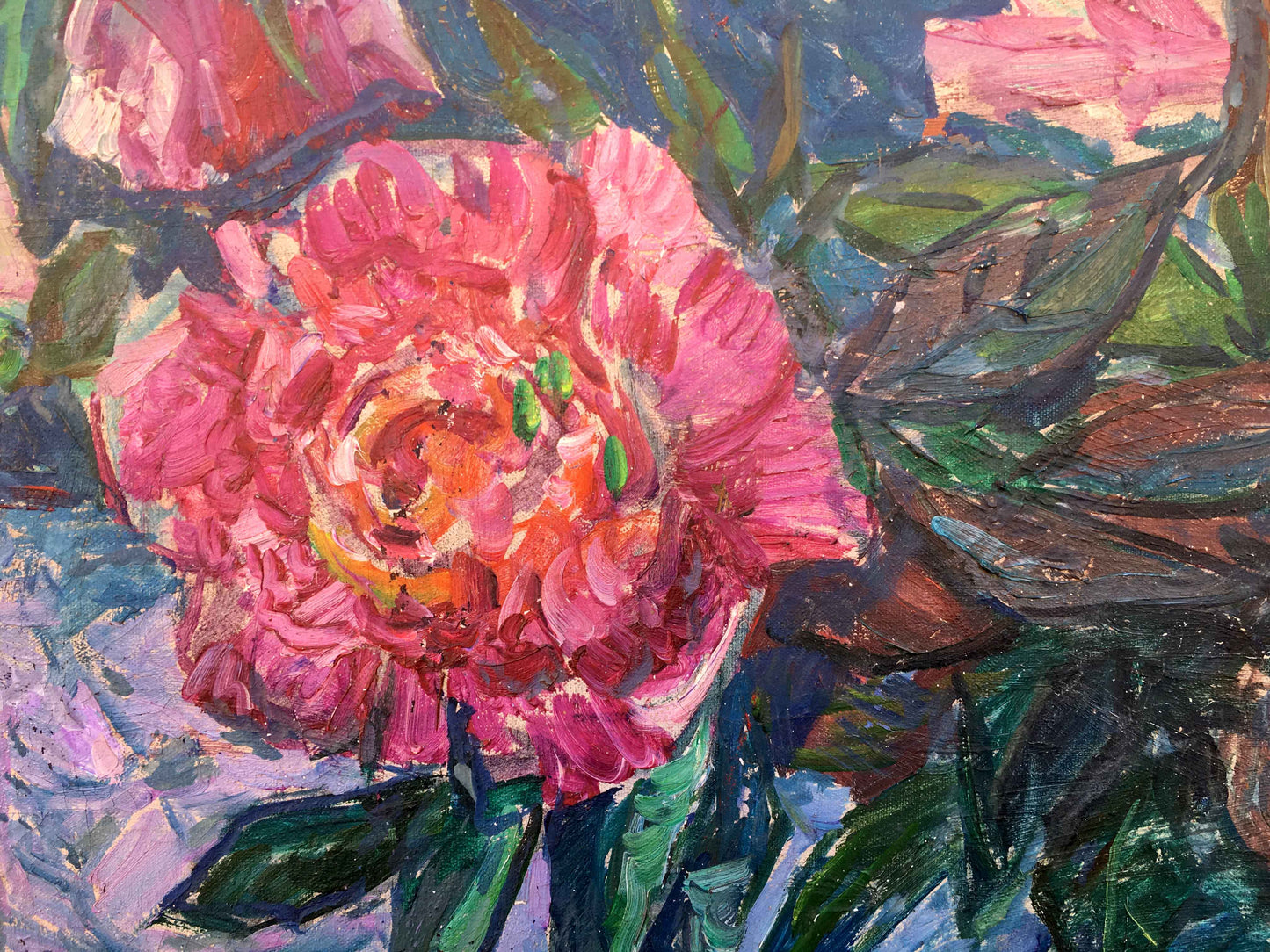 Vibrant pink peony in Peonies oil painting, impressionistic textured brushstrokes