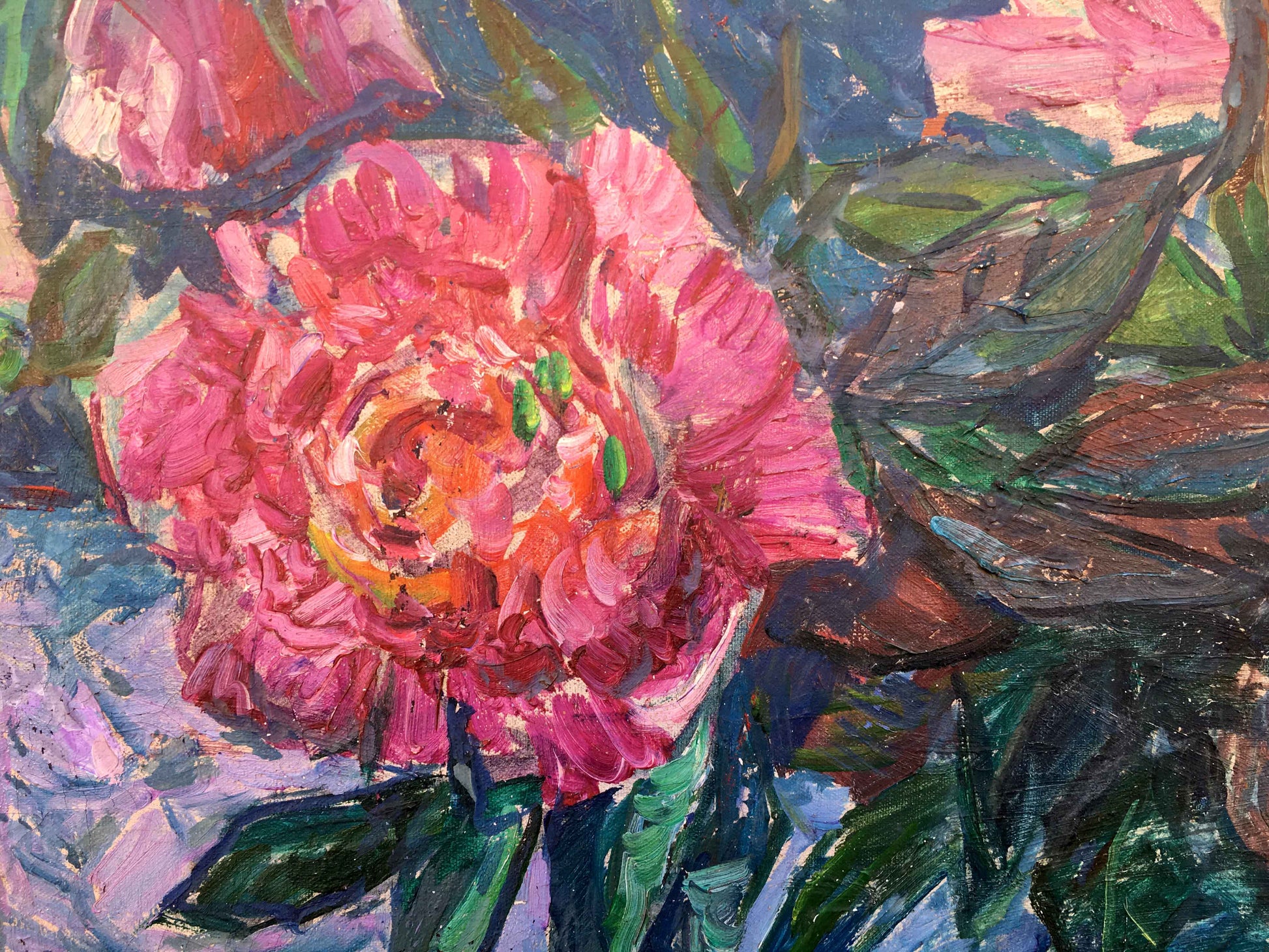 Vibrant pink peony in Peonies oil painting, impressionistic textured brushstrokes