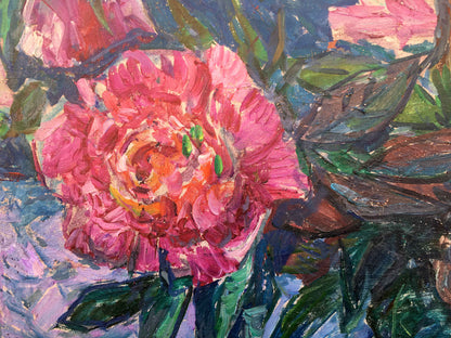 Vibrant pink peony in Peonies oil painting, impressionistic textured brushstrokes