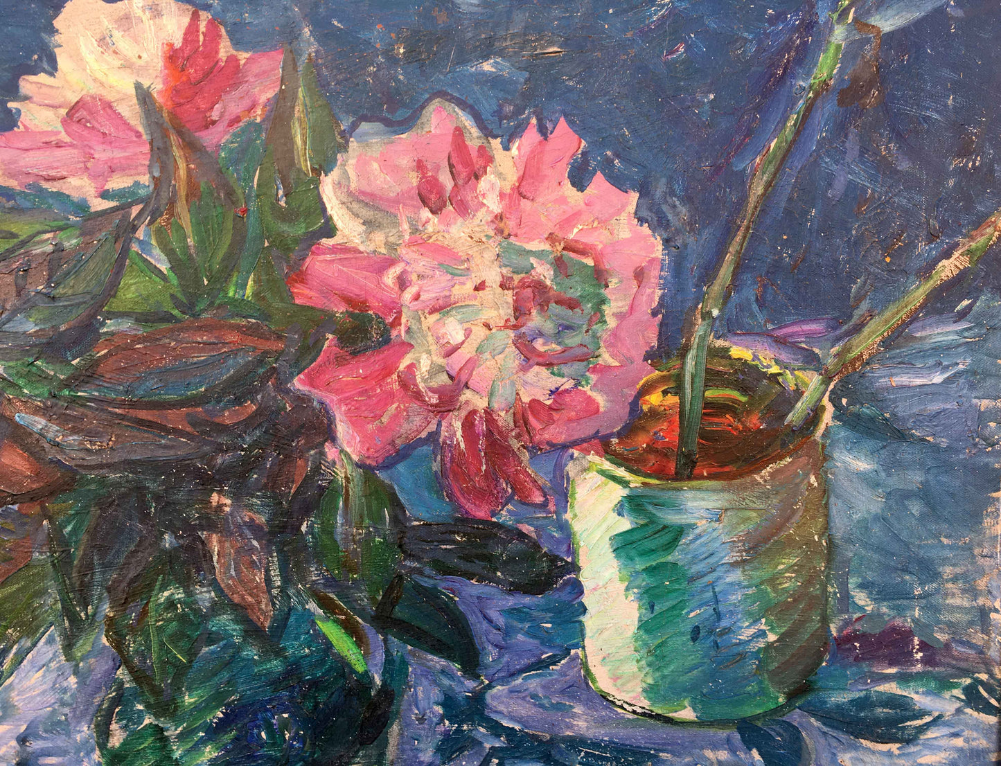 Vibrant pink peony oil painting with layered petals and green leaves