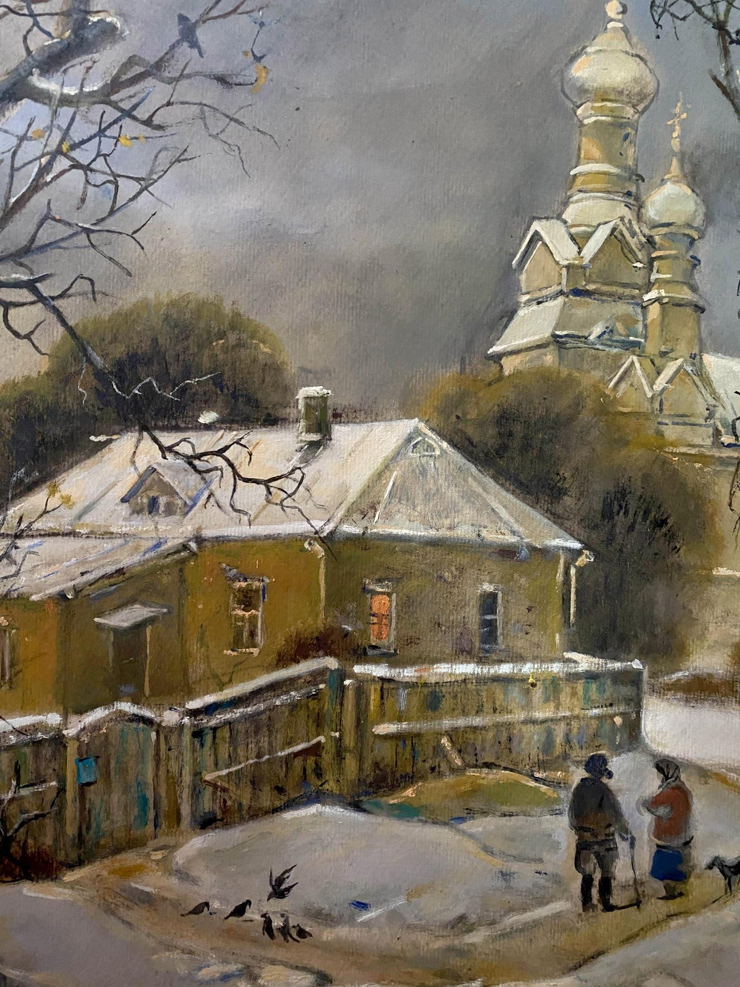 Oil painting by Litvinov Oleg Arkad’yevich: golden-domed Orthodox church above snowy rooftops