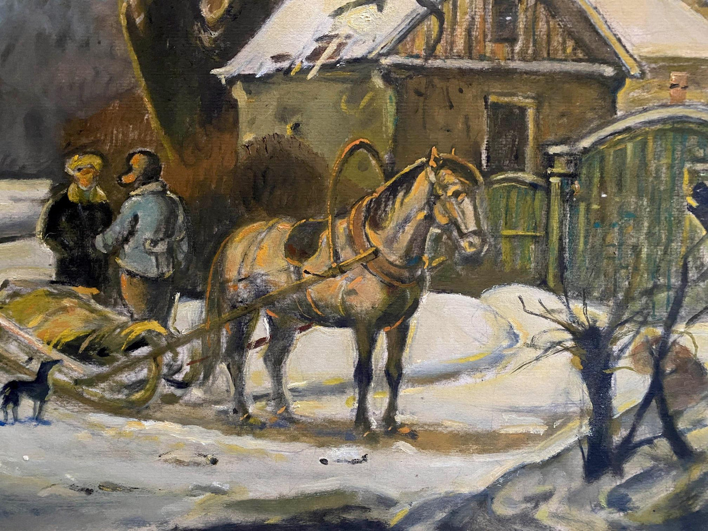 Oil painting by Litvinov Oleg Arkad’yevich: brown horse pulling sled in snow