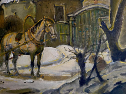Oil painting by Litvinov Oleg Arkad’yevich: brown horse in snow by wooden gate