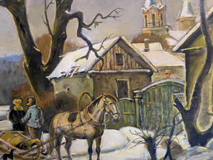 Oil painting To spring by Litvinov Oleg Arkadyevich: brown harnessed horse in snow