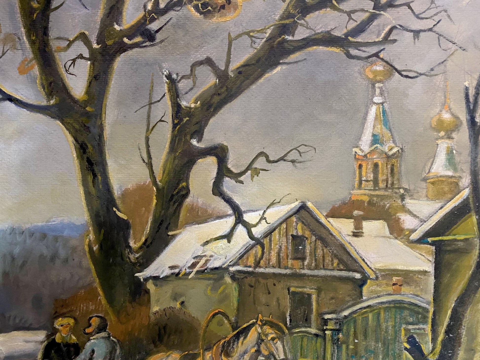 Oil painting by Litvinov Oleg Arkad’yevich: snow-dusted wooden house with steep roof behind bare tree