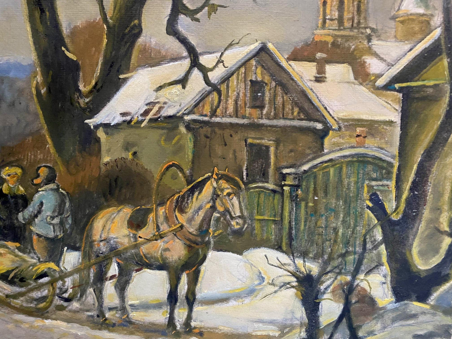 Oil painting by Litvinov Oleg Arkad’yevich: brown horse pulls sled in snow by rustic house